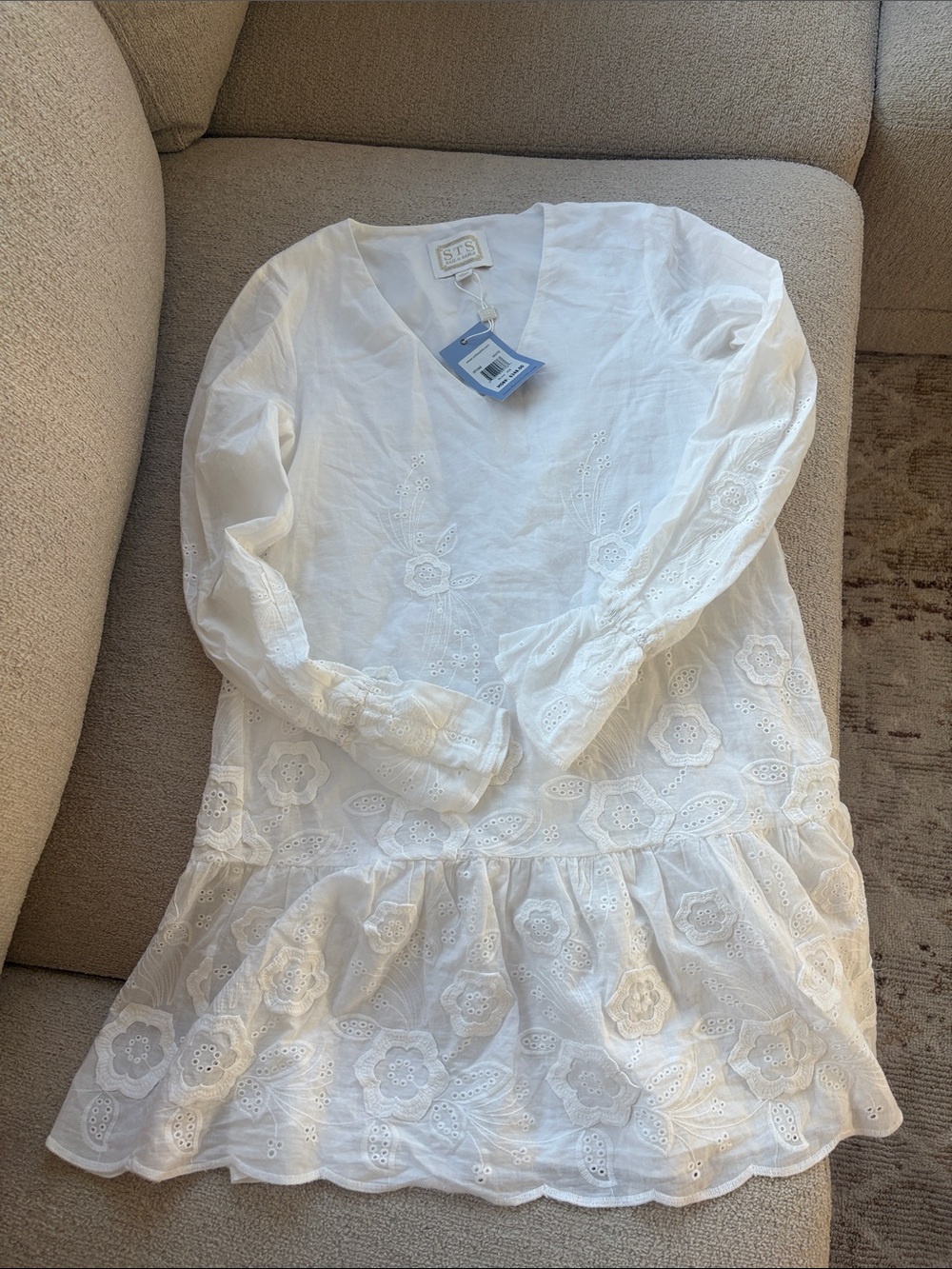 Sail to Sable White Eyelet V-Neck Long-Sleeve Dress